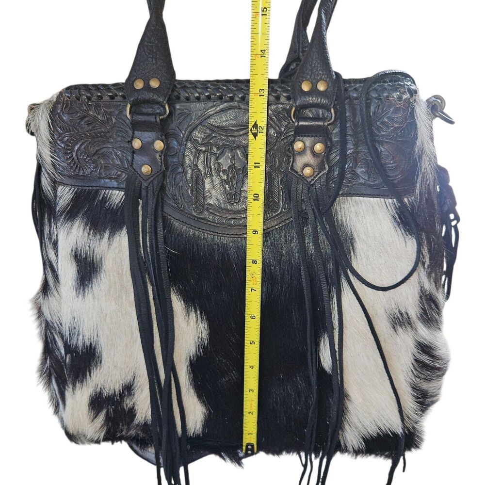 Kobler Furry Cowhide Fringed Bag Black White Tooled Leather Crossbody - Picture 12 of 12